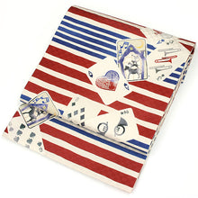 画像をギャラリービューアに読み込む, 京袋帯 お仕立て上がり 正絹 全通 赤青ボーダートランプ(レッド)