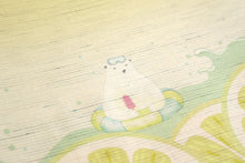 画像をギャラリービューアに読み込む, 京袋帯《召しませ華》お仕立て上がり 全通お太鼓柄 麻 イエロー グリーン レモンと浮き輪シロクマ レモネード アイス