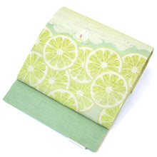 画像をギャラリービューアに読み込む, 京袋帯《召しませ華》お仕立て上がり 全通お太鼓柄 麻 イエロー グリーン レモンと浮き輪シロクマ レモネード アイス