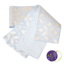 画像をギャラリービューアに読み込む, 半巾帯 《召しませ花》 正絹 博多織 薄青紫 生成り ベージュ 変わり七宝 ドット模様