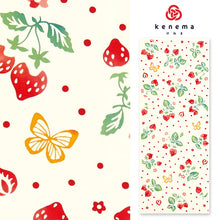 画像をギャラリービューアに読み込む, 手ぬぐい 食べ物「苺摘み 50053」《kenema けねま》いちご/イチゴ/蝶々/ベージュ地/手拭い/てぬぐい