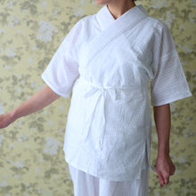 画像をギャラリービューアに読み込む, オリジナル半襦袢 半衿・衣紋抜き・紐付き 女性用 「高島ちぢみ」白・藤 〔M・L・2L〕
