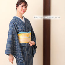 画像をギャラリービューアに読み込む, 阿波しじら織 着物 紺藍に白ベージュ絣重ね格子 No.104