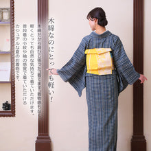 画像をギャラリービューアに読み込む, 阿波しじら織 着物 紺藍に白ベージュ絣重ね格子 No.104