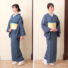 画像をギャラリービューアに読み込む, 阿波しじら織 着物 紺藍に白ベージュ絣重ね格子 No.104