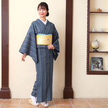 画像をギャラリービューアに読み込む, 阿波しじら織 着物 紺藍に白ベージュ絣重ね格子 No.104