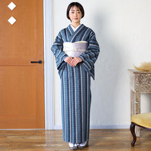 画像をギャラリービューアに読み込む, 阿波しじら織 着物 紺青白の絣3本縞柄 No.13