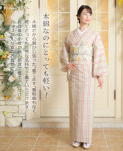 画像をギャラリービューアに読み込む, 阿波しじら織 着物 生成り絣にざっくり赤黄格子 No.77