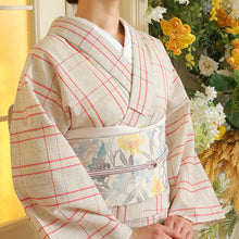 画像をギャラリービューアに読み込む, 阿波しじら織 着物 生成り絣にざっくり赤黄格子 No.77