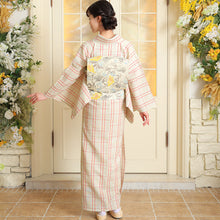 画像をギャラリービューアに読み込む, 阿波しじら織 着物 生成り絣にざっくり赤黄格子 No.77