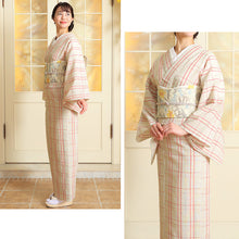 画像をギャラリービューアに読み込む, 阿波しじら織 着物 生成り絣にざっくり赤黄格子 No.77