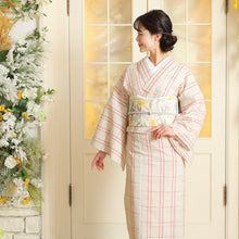 画像をギャラリービューアに読み込む, 阿波しじら織 着物 生成り絣にざっくり赤黄格子 No.77