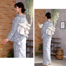 画像をギャラリービューアに読み込む, 阿波しじら織 着物 防抜染 グレー地 ぶどうと撫子 No.G01