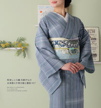 画像をギャラリービューアに読み込む, 阿波しじら織 着物 薄浅黄に片寄せ縞と霞段 No.H57