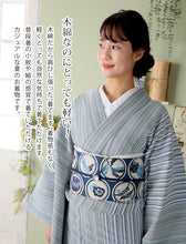 画像をギャラリービューアに読み込む, 阿波しじら織 着物 薄氷に片寄せ縞と霞段 No.H58