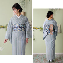 画像をギャラリービューアに読み込む, 阿波しじら織 着物 薄氷に片寄せ縞と霞段 No.H58