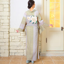 画像をギャラリービューアに読み込む, 阿波しじら織 着物 柳白茶薄生成りの縞合わせ色 No.H60