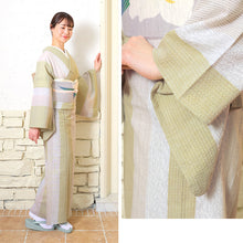 画像をギャラリービューアに読み込む, 阿波しじら織 着物 柳白茶薄生成りの縞合わせ色 No.H60