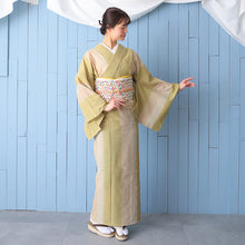 画像をギャラリービューアに読み込む, 阿波しじら織 着物 抹茶亜麻生成りの縞合わせ No.H61