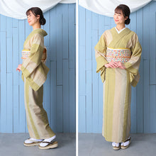 画像をギャラリービューアに読み込む, 阿波しじら織 着物 抹茶亜麻生成りの縞合わせ No.H61