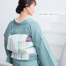 画像をギャラリービューアに読み込む, 阿波しじら織 着物 涼やか青磁に白格子 No.H62