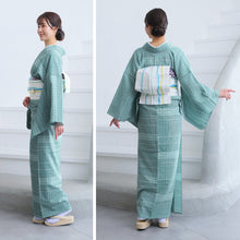 画像をギャラリービューアに読み込む, 阿波しじら織 着物 涼やか青磁に白格子 No.H62