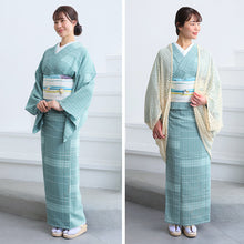 画像をギャラリービューアに読み込む, 阿波しじら織 着物 涼やか青磁に白格子 No.H62