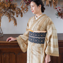画像をギャラリービューアに読み込む, 阿波コットンウール しじら織 着物 グラデーションに変わり格子 ミルクティー No.az1