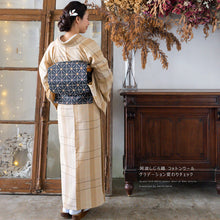 画像をギャラリービューアに読み込む, 阿波コットンウール しじら織 着物 グラデーションに変わり格子 ミルクティー No.az1