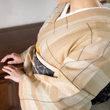 画像をギャラリービューアに読み込む, 阿波コットンウール しじら織 着物 グラデーションに変わり格子 ミルクティー No.az1