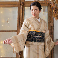 画像をギャラリービューアに読み込む, 阿波コットンウール しじら織 着物 グラデーションに変わり格子 ミルクティー No.az1