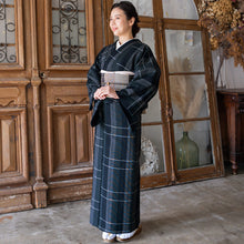 画像をギャラリービューアに読み込む, 阿波コットンウール しじら織 着物 グラデーションに変わり格子 オニキスブラック No.az2