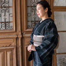 画像をギャラリービューアに読み込む, 阿波コットンウール しじら織 着物 グラデーションに変わり格子 オニキスブラック No.az2