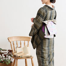 画像をギャラリービューアに読み込む, 阿波コットンウール しじら織 着物 グラデーションに変わり格子 グリーンカーキ No.az3