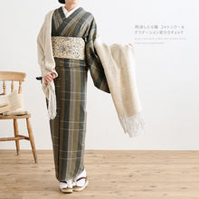 画像をギャラリービューアに読み込む, 阿波コットンウール しじら織 着物 グラデーションに変わり格子 グリーンカーキ No.az3