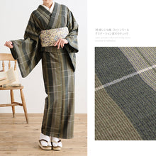画像をギャラリービューアに読み込む, 阿波コットンウール しじら織 着物 グラデーションに変わり格子 グリーンカーキ No.az3