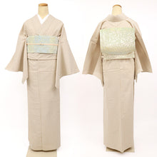 画像をギャラリービューアに読み込む, 洗える着物 木綿 ベージュ 単衣 お仕立て上がり レディース コットン サッカー地 縦縞 ストライプ 細縞 着物 ( ベージュ × ホワイト ) 〔S・M・Lサイズ〕