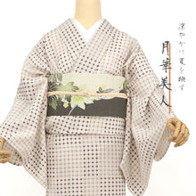 画像をギャラリービューアに読み込む, 《月華美人》東レセオアルファゆかた着物 反物 日本製 シワ加工 ベージュ モダンチェック 格子市松