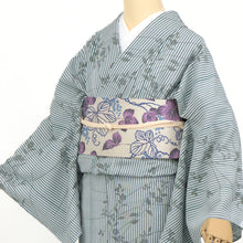 画像をギャラリービューアに読み込む, 《月華美人》東レセオアルファゆかた着物 反物 日本製 シワ加工 ブルーグレー ストライプに秋草 縞に萩撫子