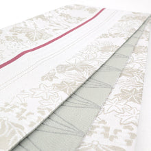 画像をギャラリービューアに読み込む, 《創世舎》 リバーシブル半巾帯 長尺 東レシルック素材 白銀地にピンクライン 紅葉桜葵菊桐梅 / グレー 斜め市松格子