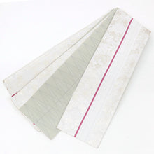 画像をギャラリービューアに読み込む, 《創世舎》 リバーシブル半巾帯 長尺 東レシルック素材 白銀地にピンクライン 紅葉桜葵菊桐梅 / グレー 斜め市松格子