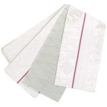 画像をギャラリービューアに読み込む, 《創世舎》 リバーシブル半巾帯 長尺 東レシルック素材 白銀地にピンクライン 紅葉桜葵菊桐梅 / グレー 斜め市松格子