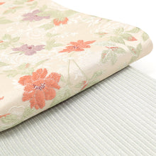 画像をギャラリービューアに読み込む, 半幅帯 ベージュ 大きいサイズ 長尺 《 創世舎 》 ベージュ地ミニバラ 花ちらし / セージグリーン 細ボーダー リバーシブル半巾帯