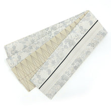 画像をギャラリービューアに読み込む, 《創世舎》 リバーシブル半巾帯 長尺 グレージュに黒ライン紅葉桜葵菊桐梅/ベージュ地に斜め格子