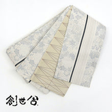 画像をギャラリービューアに読み込む, 《創世舎》 リバーシブル半巾帯 長尺 グレージュに黒ライン紅葉桜葵菊桐梅/ベージュ地に斜め格子