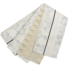 画像をギャラリービューアに読み込む, 《創世舎》 リバーシブル半巾帯 長尺 グレージュに黒ライン紅葉桜葵菊桐梅/ベージュ地に斜め格子