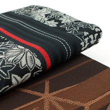 画像をギャラリービューアに読み込む, 《創世舎》 リバーシブル半巾帯 長尺 ブラック地に赤ライン 紅葉桜葵菊桐梅 / 赤茶縞にやぶれ麻の葉 ブラウン