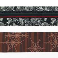 画像をギャラリービューアに読み込む, 《創世舎》 リバーシブル半巾帯 長尺 ブラック地に赤ライン 紅葉桜葵菊桐梅 / 赤茶縞にやぶれ麻の葉 ブラウン