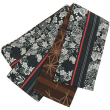 画像をギャラリービューアに読み込む, 《創世舎》 リバーシブル半巾帯 長尺 ブラック地に赤ライン 紅葉桜葵菊桐梅 / 赤茶縞にやぶれ麻の葉 ブラウン