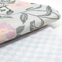 画像をギャラリービューアに読み込む, 《創世舎》 リバーシブル半巾帯 長尺 グレー地に牡丹 花唐草 / 薄水色 小市松 ブルー